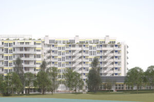 Ansicht vom Park zur Siedlung und Kindergarten