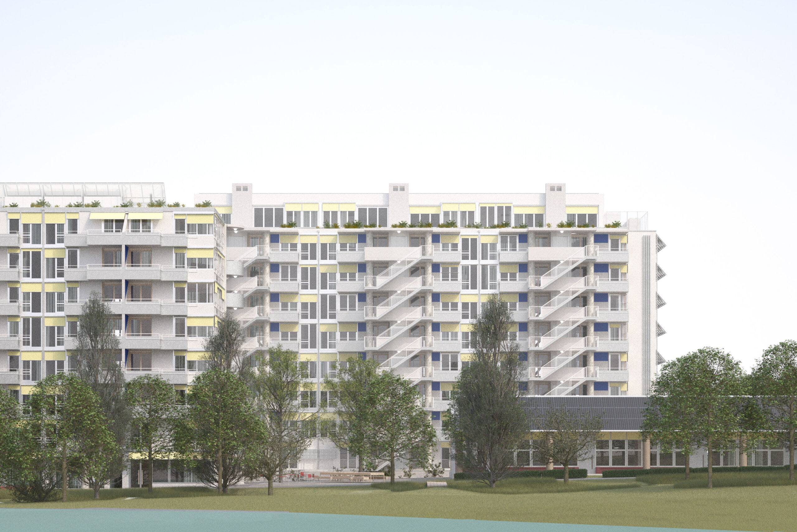 Ansicht vom Park zur Siedlung und Kindergarten