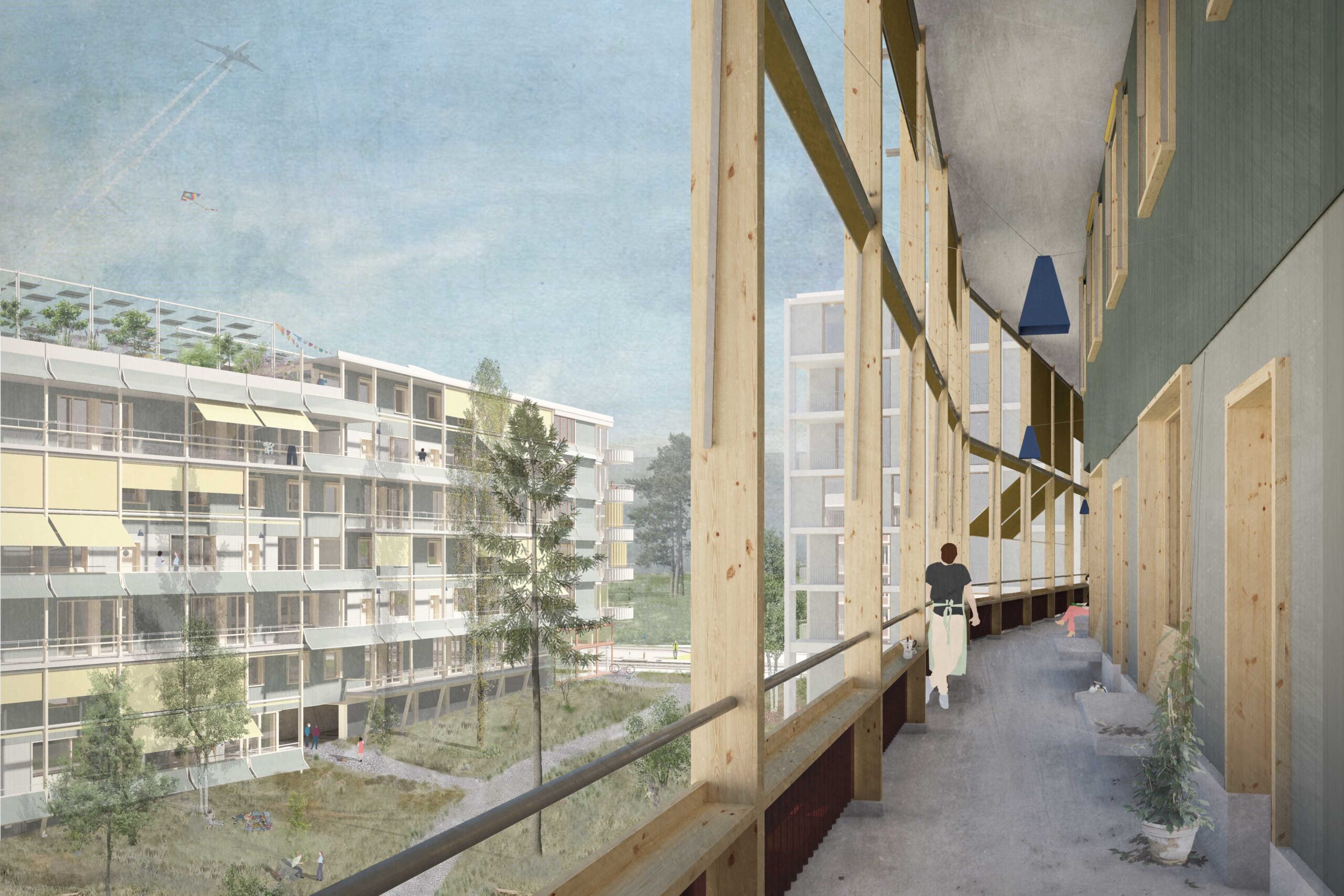 Visualisierung des Laubengangs von Haus 7 mit Blick schräg in den Innenhof