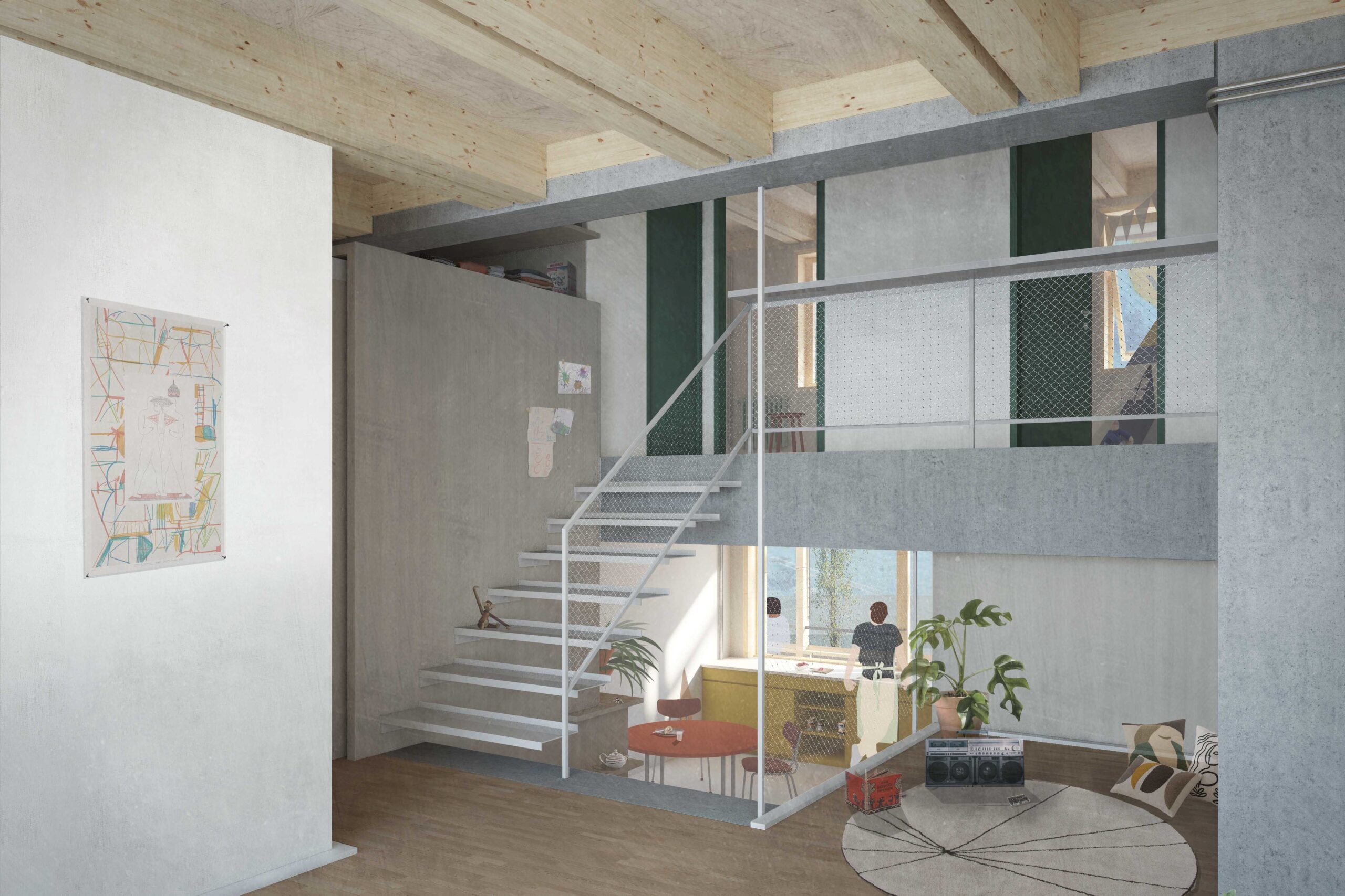 Visualisierung einer Split-Level-Wohnung, mit Wohnbereich in der Mitte, Zugang zu den Zimmern oben und Wohnküche unten