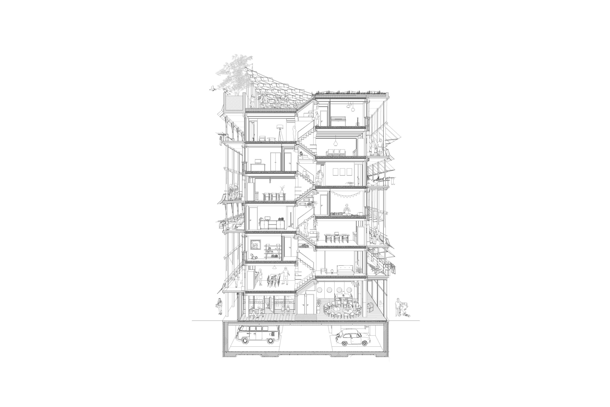 Schnitt von Haus 1 mit Tiefgarage, Wohnungen und Dachterasse. Es wird ein bewohnter Zustand visualisiert